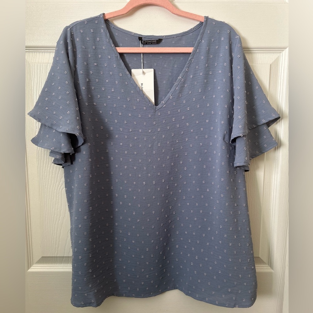 BloomChic Dusty Blue V-Neck Flutter Sleeve Blouse